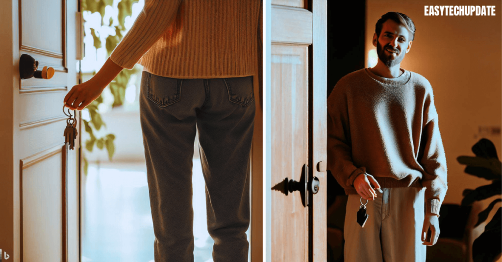 Person leaving home with key in hand, ready to achieve success.